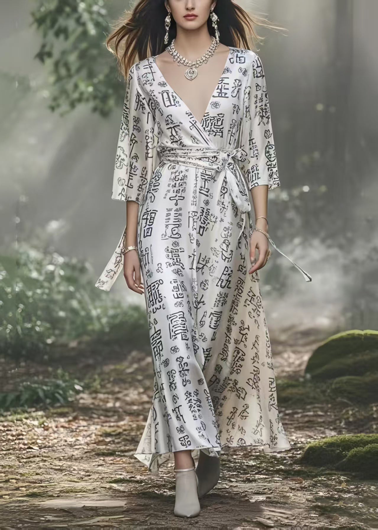 White Print Silk Vacation Dress Cinched Bracelet Sleeve