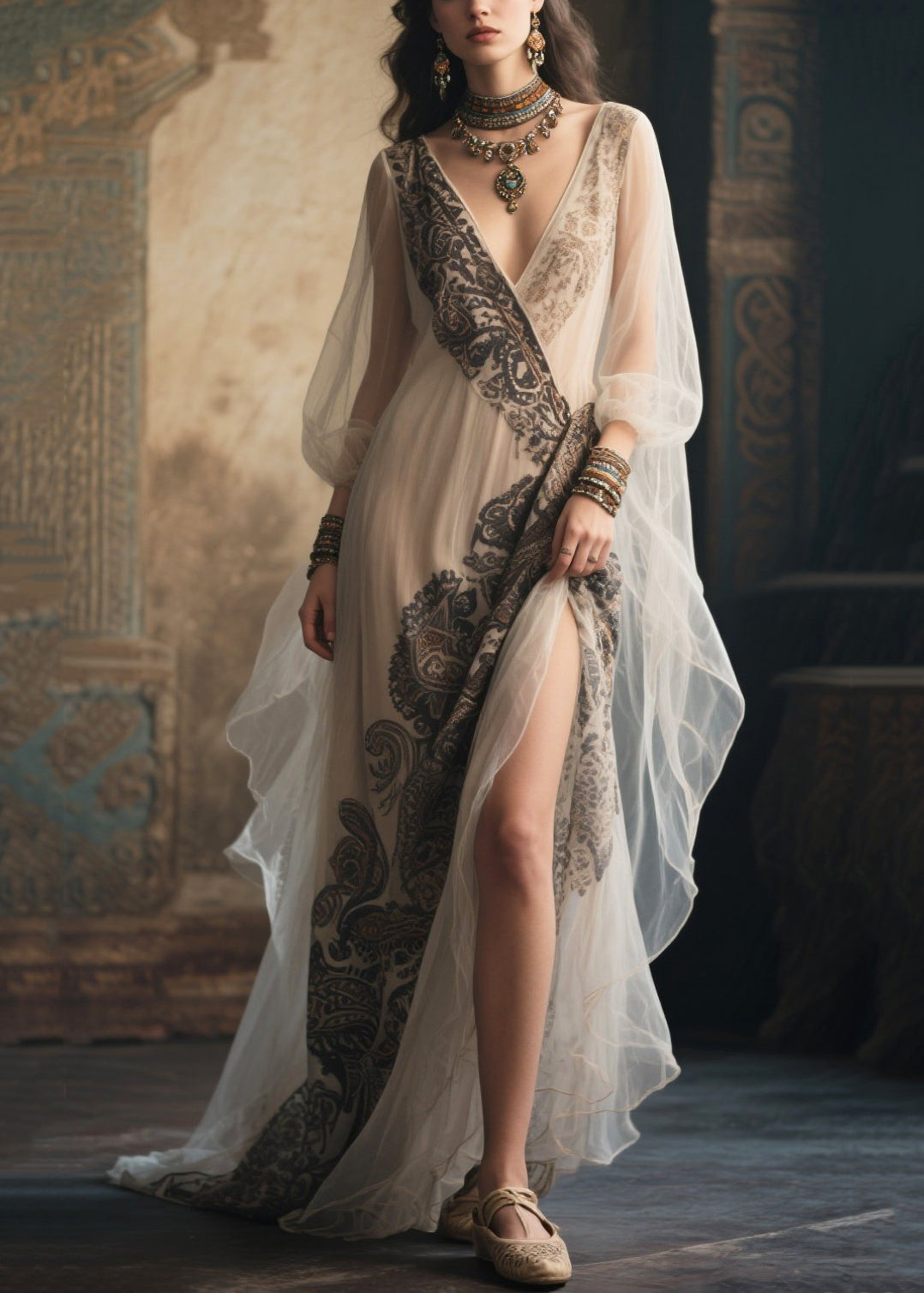 White Print Tulle Party Dress Exra Large Hem Side Open Summer