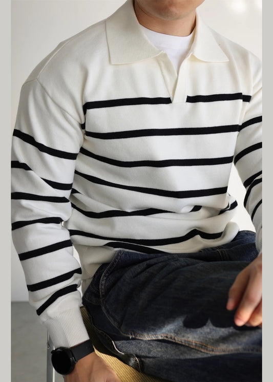 White Striped Cozy Knit Men Sweater Peter Pan Collar