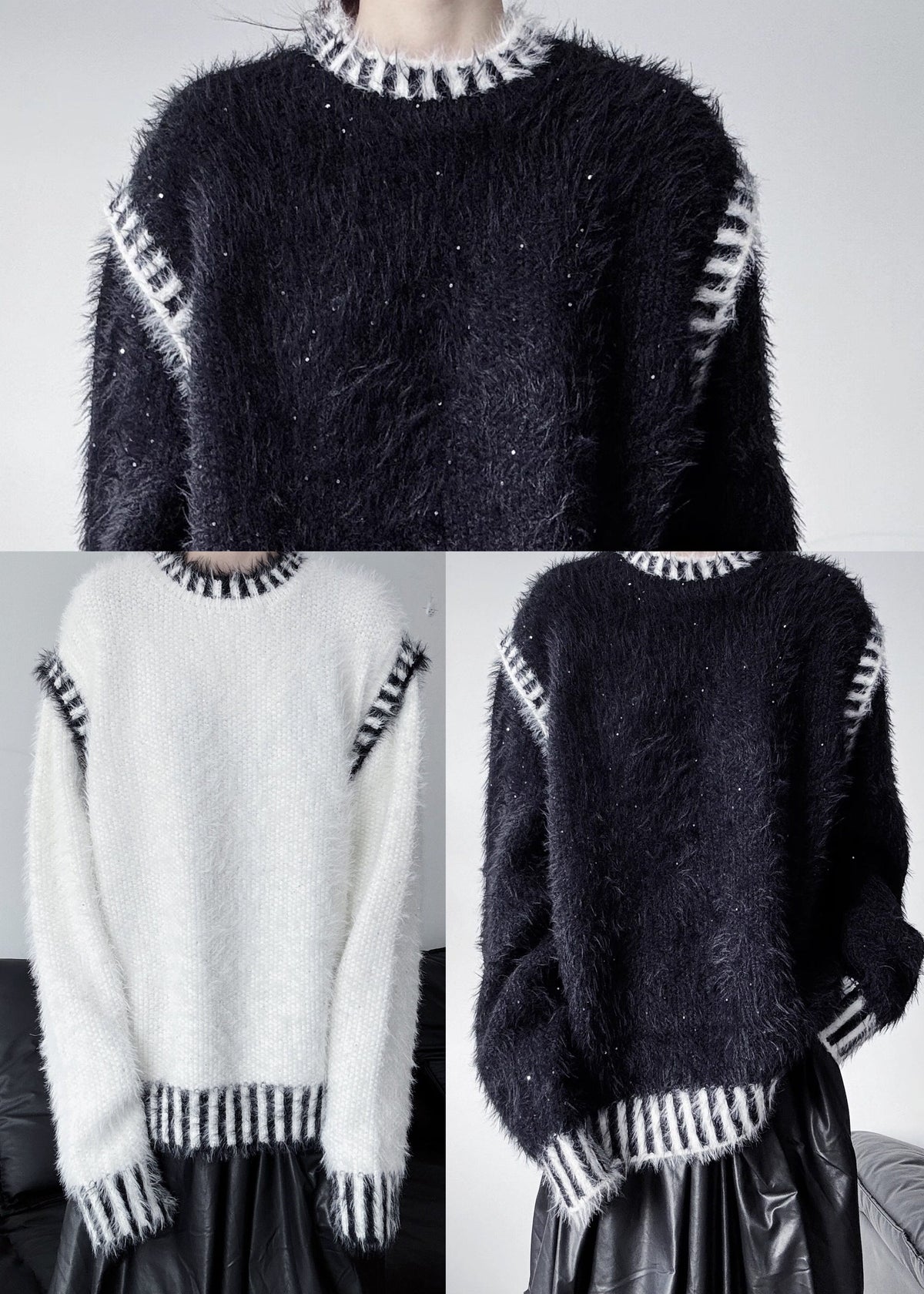 White Striped Mink Hair Knitted Pullover Oversized Winter