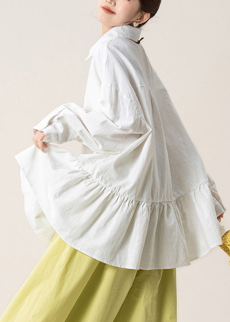 White Wrinkled Patchwork Button Tops Fall