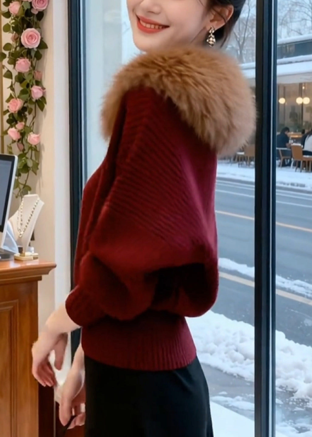 Wine Red Striped Cozy Knit Sweaters Fur Collar