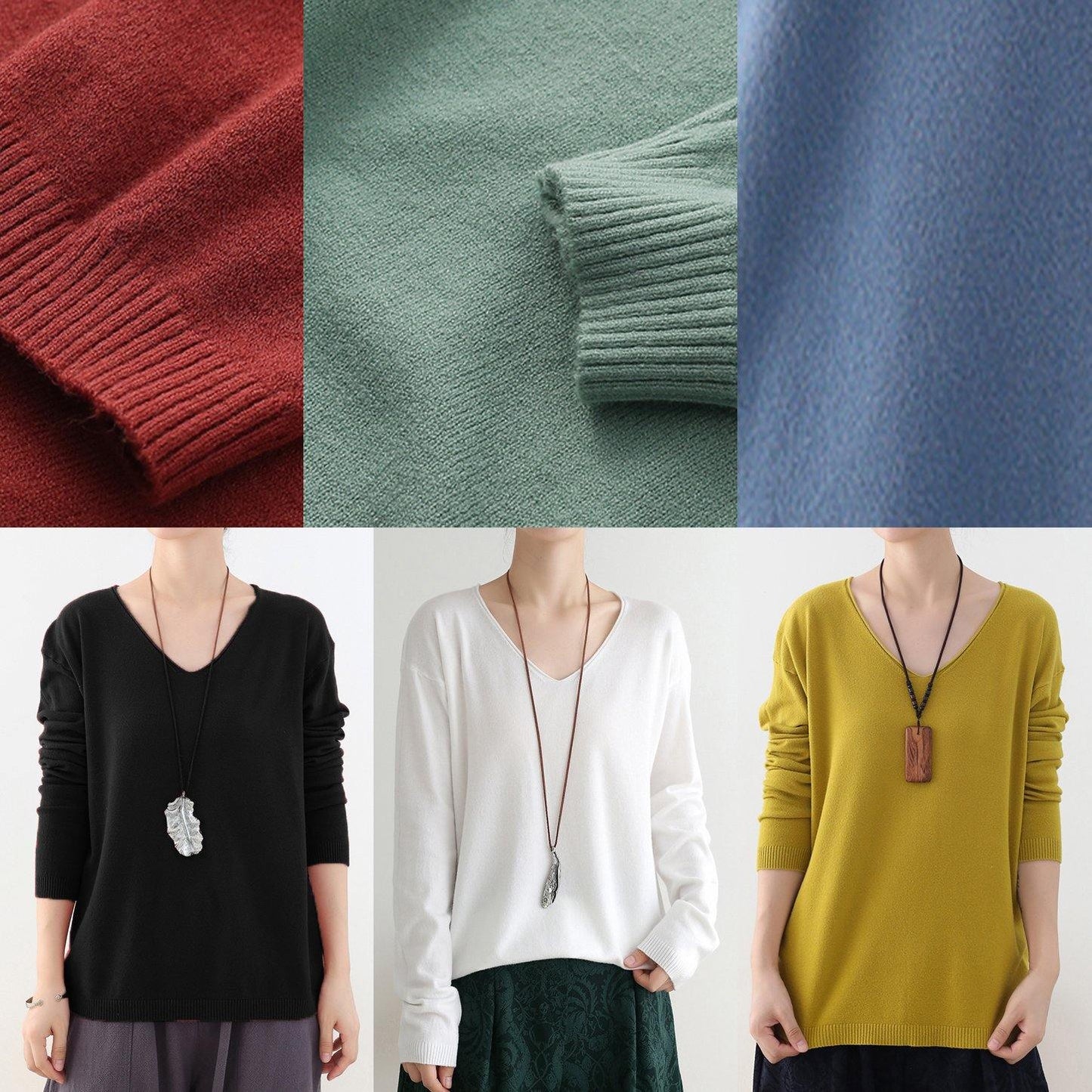 Winter fall green sweaters oversized v neck Sweater Blouse - SooLinen