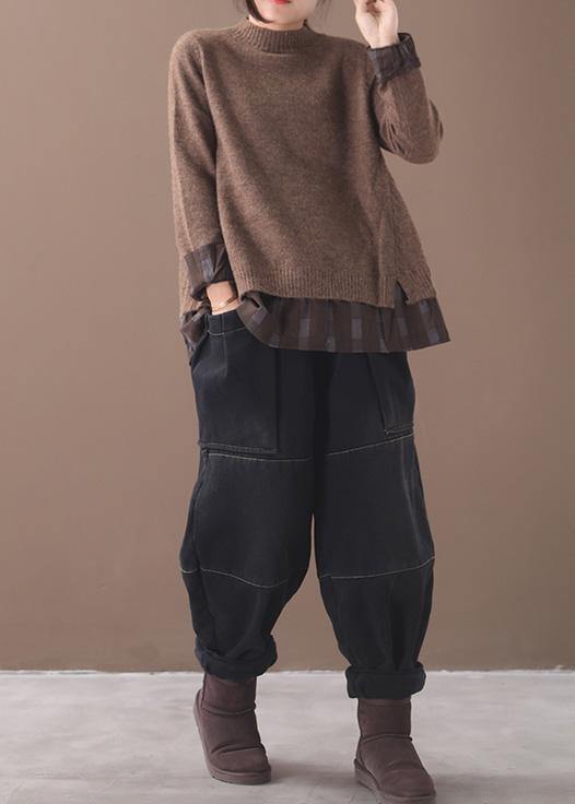 Winter o neck chocolate knitwear trendy plus size false two pieces knitted t shirt - SooLinen