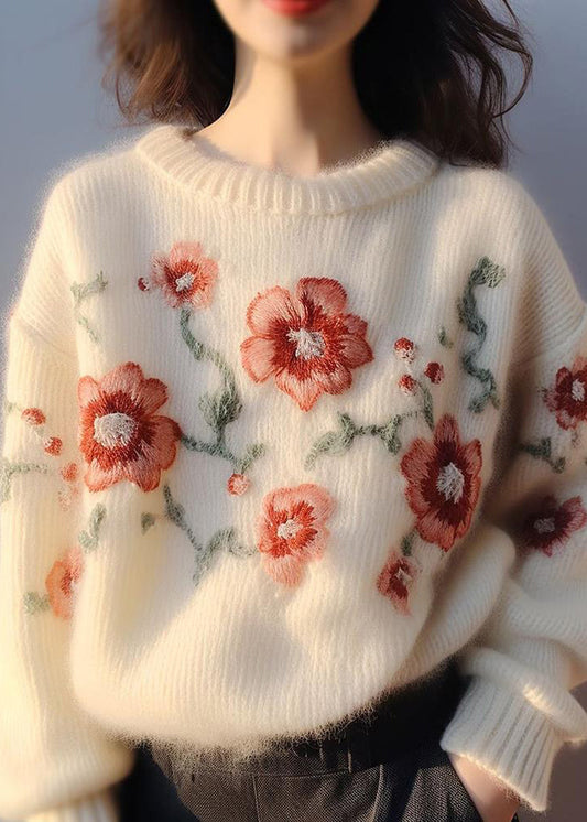 Women Apricot Embroidered Cozy Cotton Knit Sweater Winter