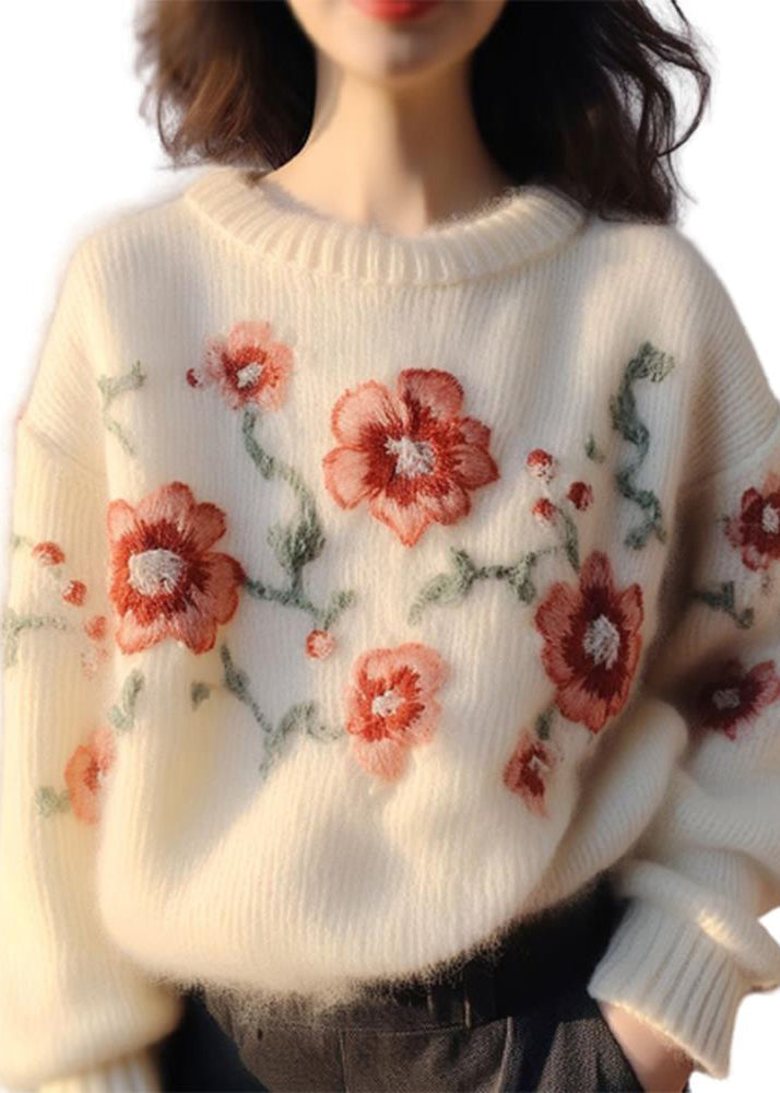 Women Apricot Embroidered Cozy Cotton Knit Sweater Winter