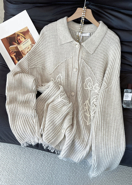 Women Apricot Peter Pan Collar Button Cozy Knit Coat Fall