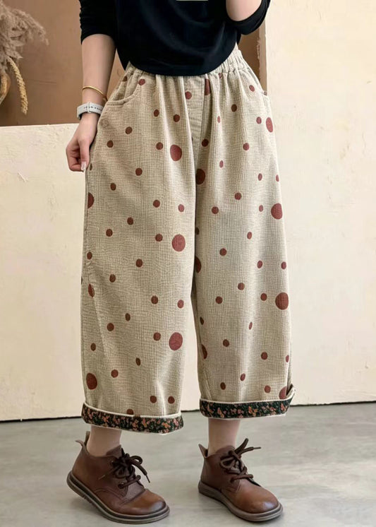 Women Apricot Polka Dot Print Pockets Cuffed Corduroy Crop Pants Fall