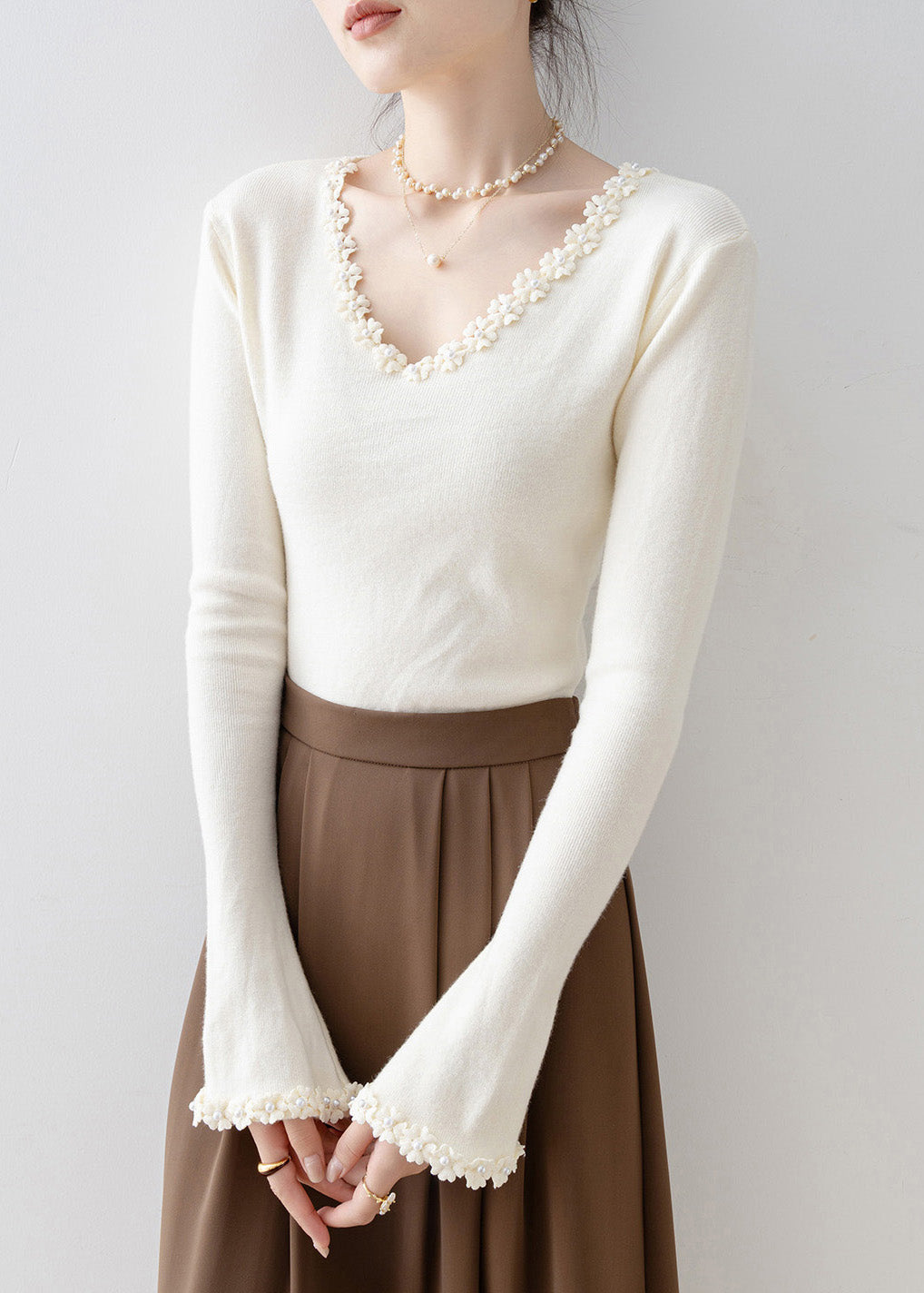 Women Apricot V Neck Patchwork Knit Sweaters Spring