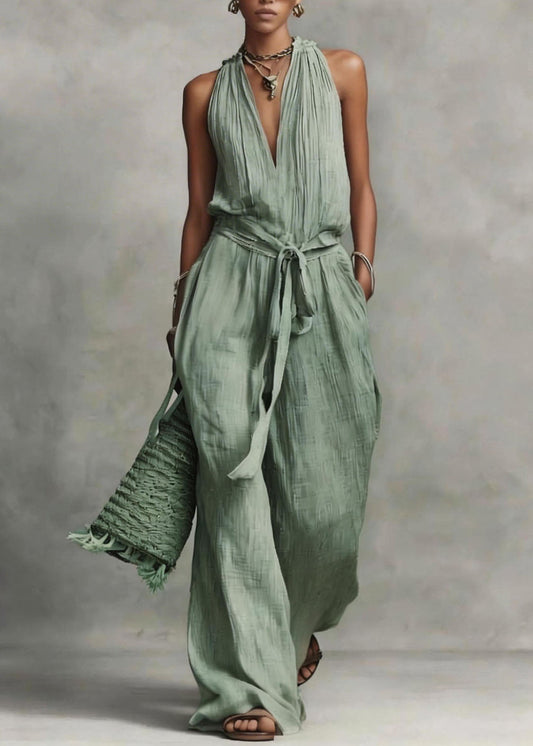 Women Apricot V Neck Patchwork Tie Waist Jumpsuit Sleeveless