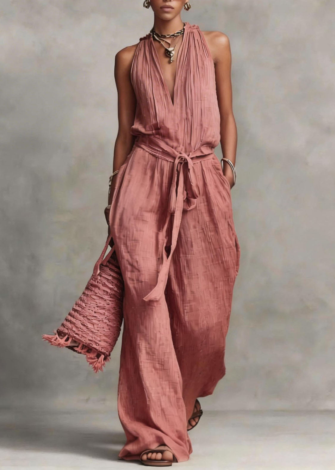 Women Apricot V Neck Patchwork Tie Waist Jumpsuit Sleeveless
