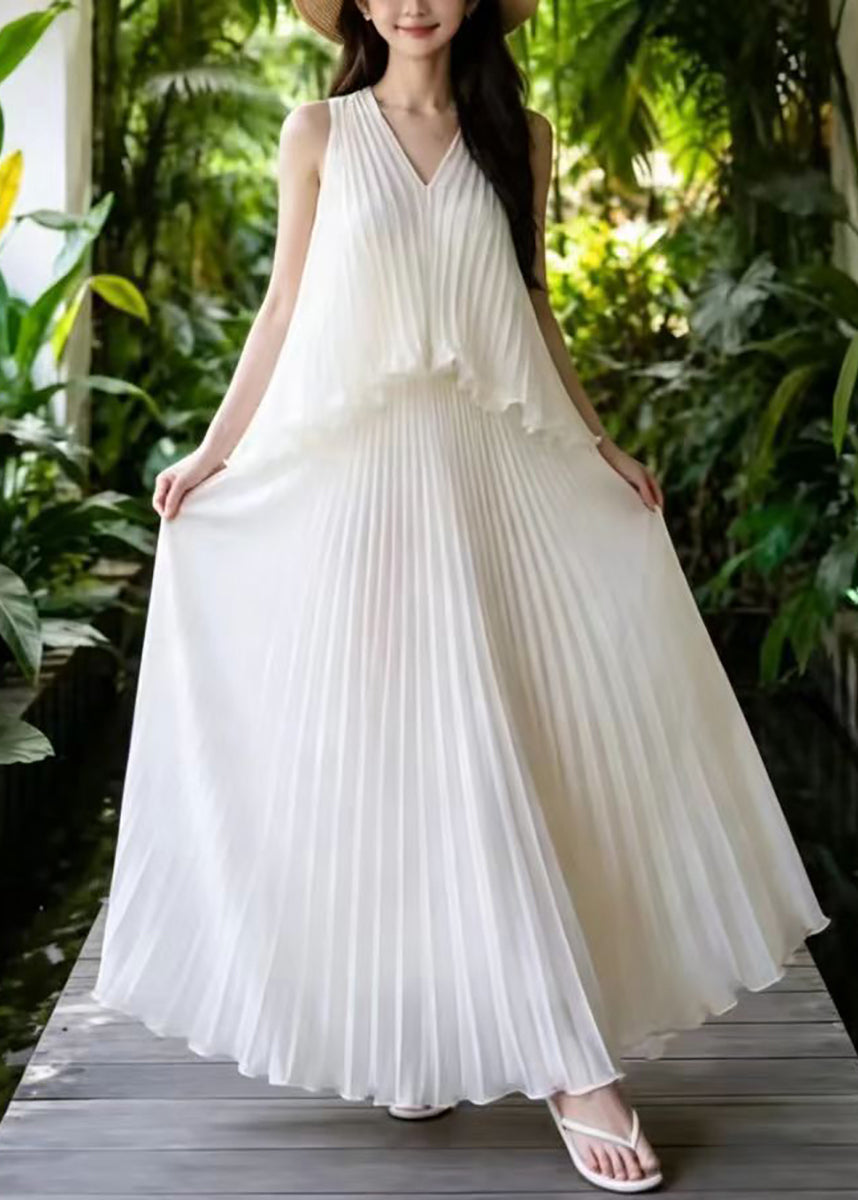 Women Apricot V Neck Pleated Chiffon Maxi Dress Sleeveless
