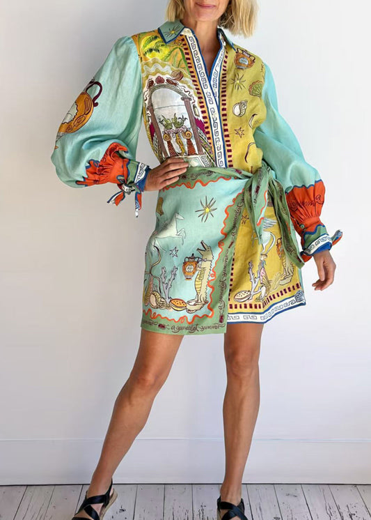 Women Asymmetrical Print Lace Up Cotton Dress Long Sleeve