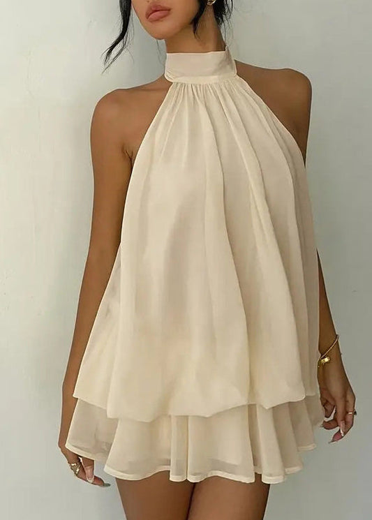Women Beige Backless Holiday Chiffon Mid Dress Sleeveless
