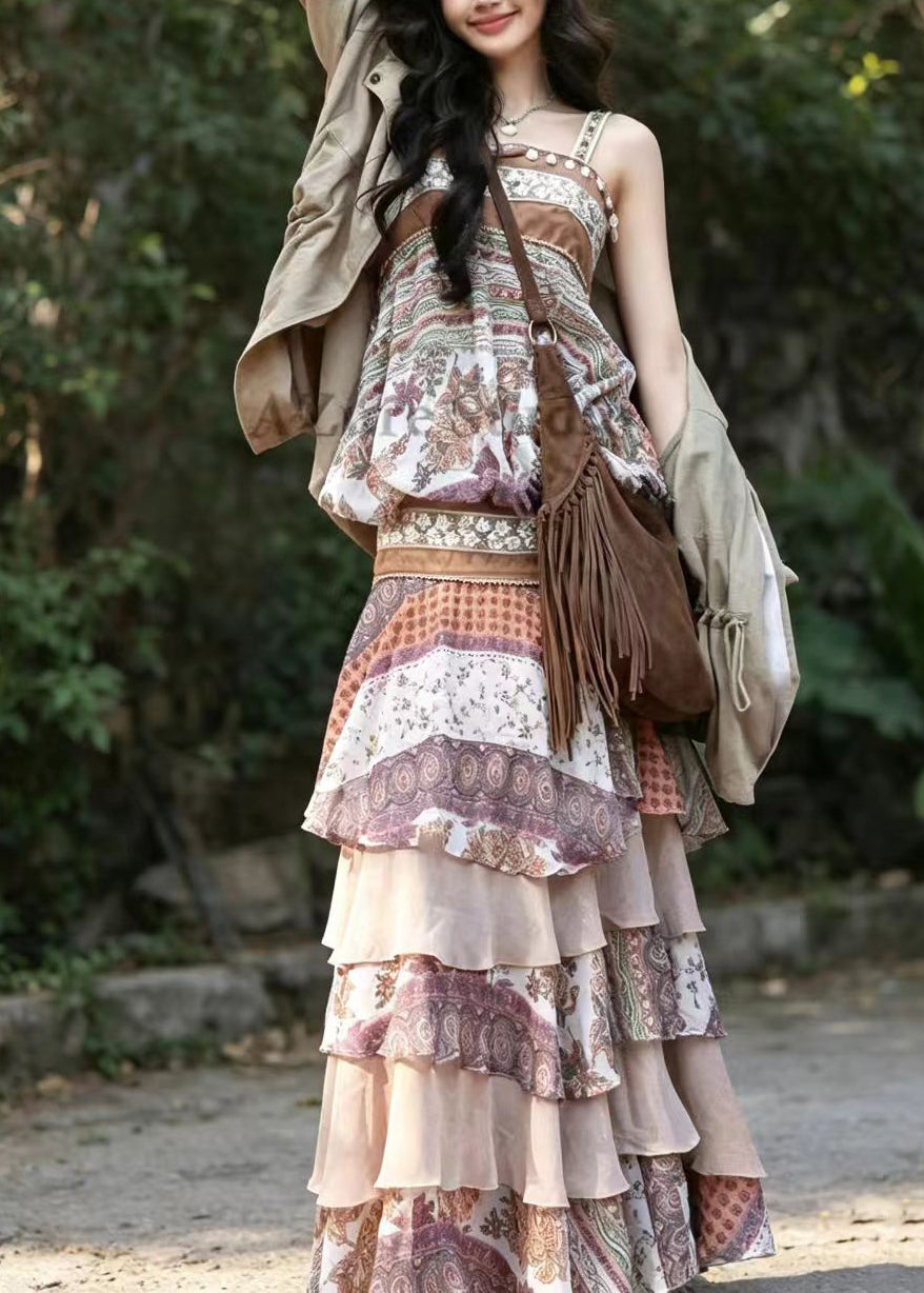 Women Beige Brown Print Layered Vacation Dresses Sleeveless