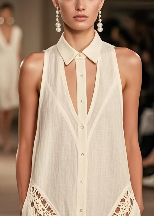 Women Beige Cold Shoulder Hollow Out Cotton Day Dresses Sleeveless