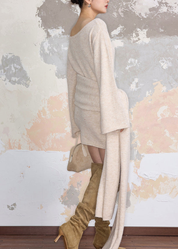 Women Beige Cozy Tie Waist Knit Sweater Dress Fall