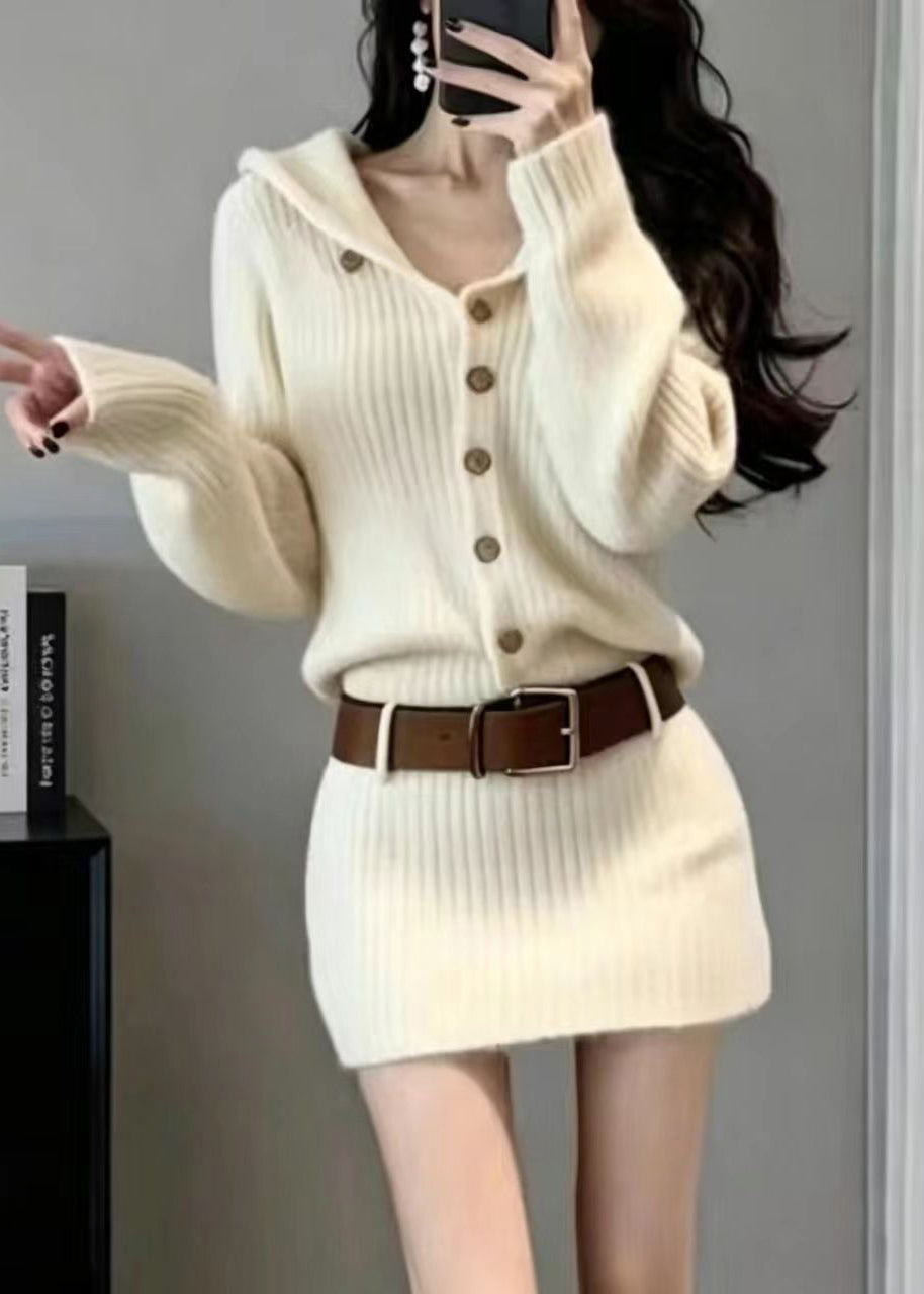 Women Beige Hooded Knit Mini Dress Fall