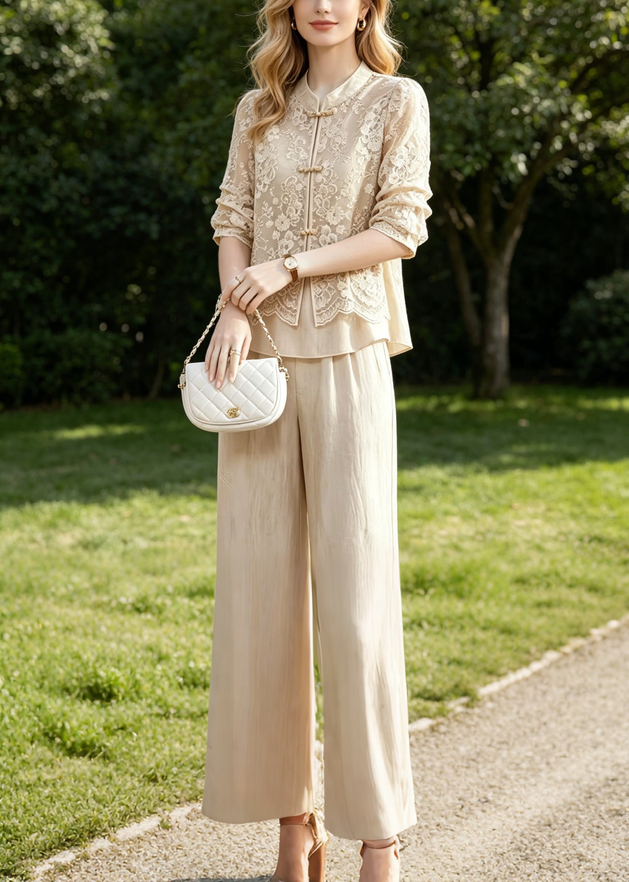 Women Beige Mandarin Collar Patchwork Lace Two Piece Suit Set Summer