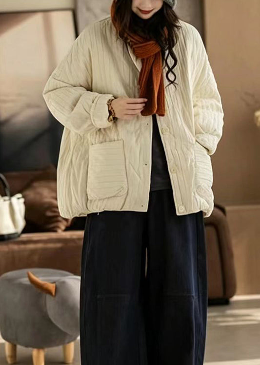 Women Beige O-Neck Oversized Pockets Cotton Filled Puffer Jacket Winter