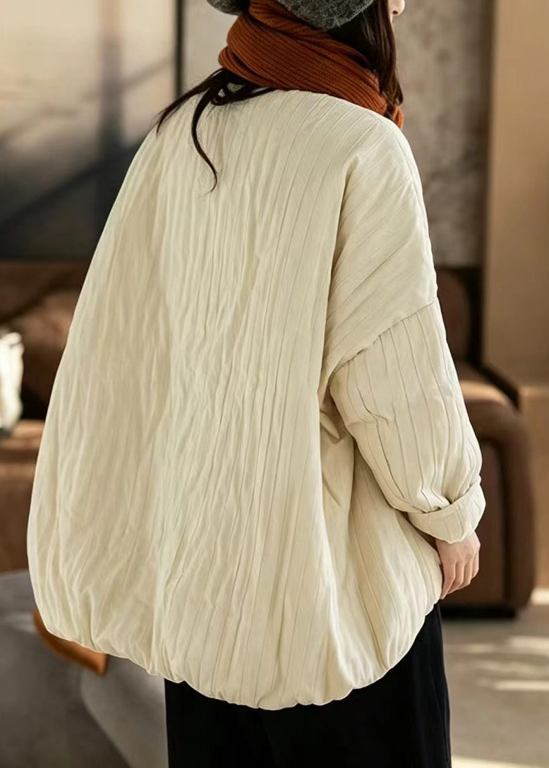 Women Beige O-Neck Oversized Pockets Cotton Filled Puffer Jacket Winter