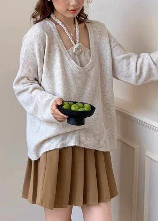 Women Beige Oversized Floral Knitted Tops Two Piece Suit Set Winter