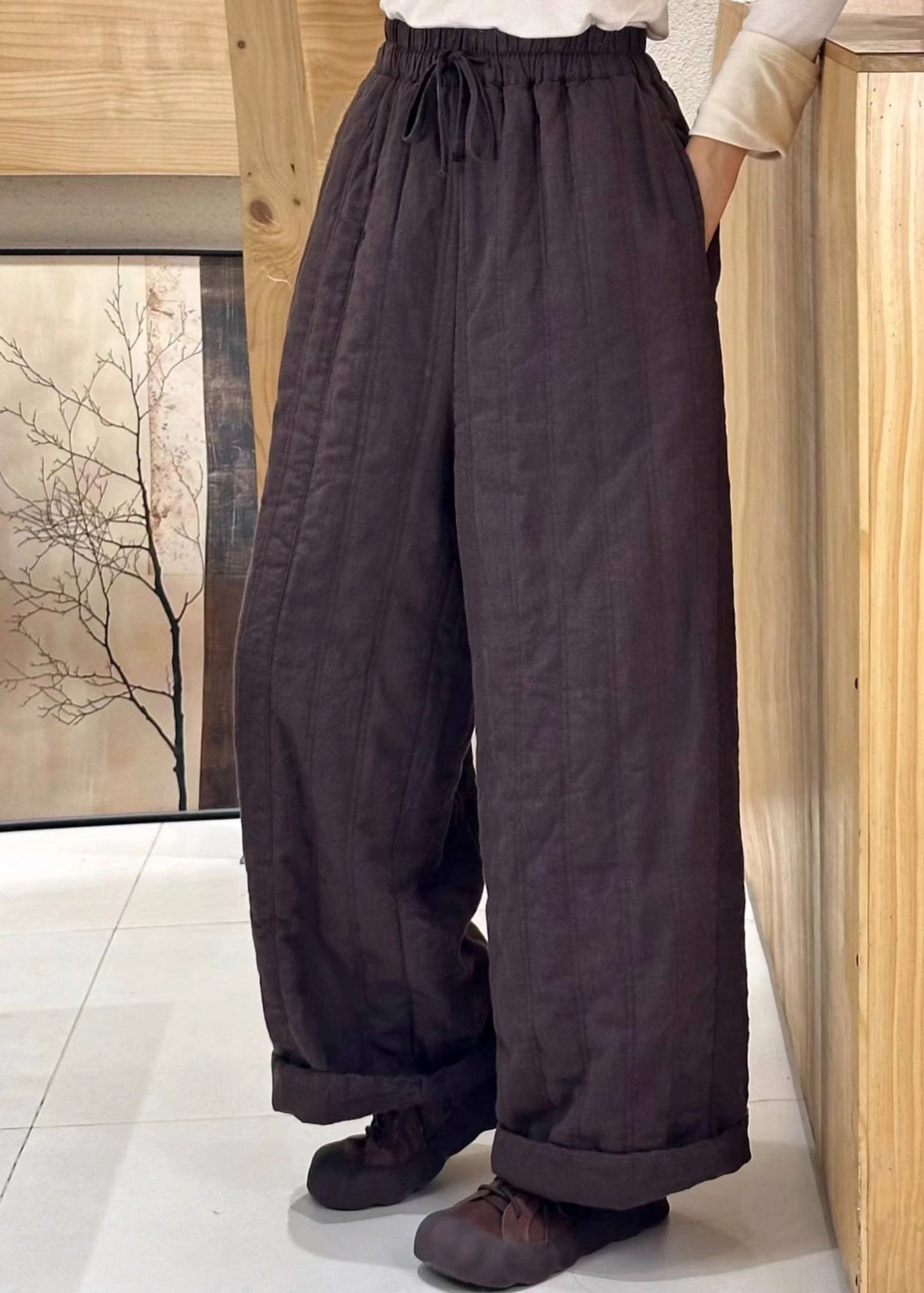 Women Beige Pockets Elastic Waist Fine Cotton Filled Pants Winter