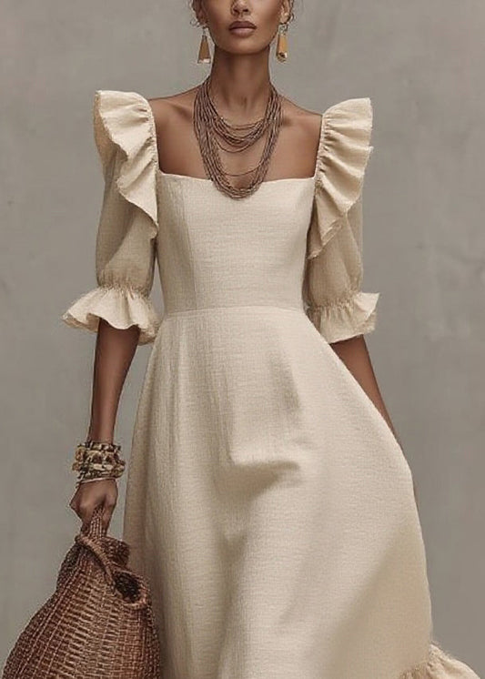 Women Beige Ruffled Patchwork Long Dresses Short Sleeve
