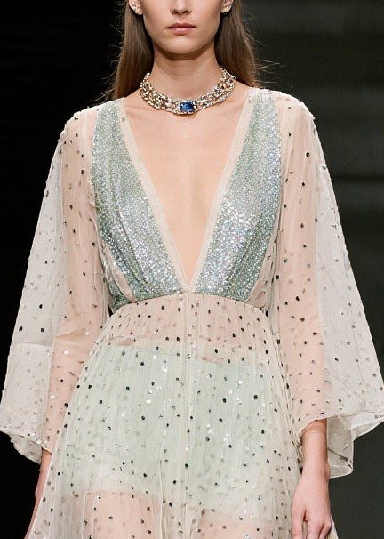 Women Beige Sequins Sheer Tulle Beach Dresses Summer