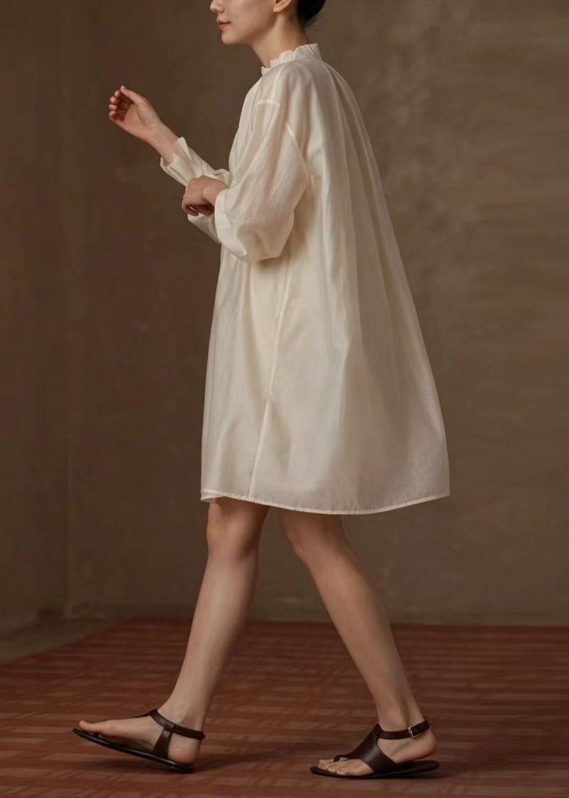 Women Beige Stand Collar Pleated Vacation Dress Long Sleeve
