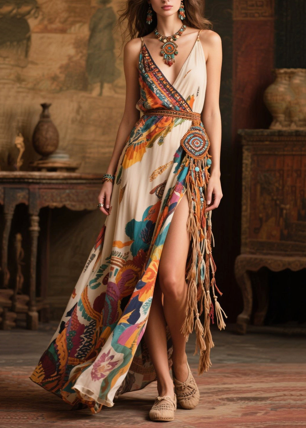 Women Beige Tasseled Side Open Chiffon Sundress Summer