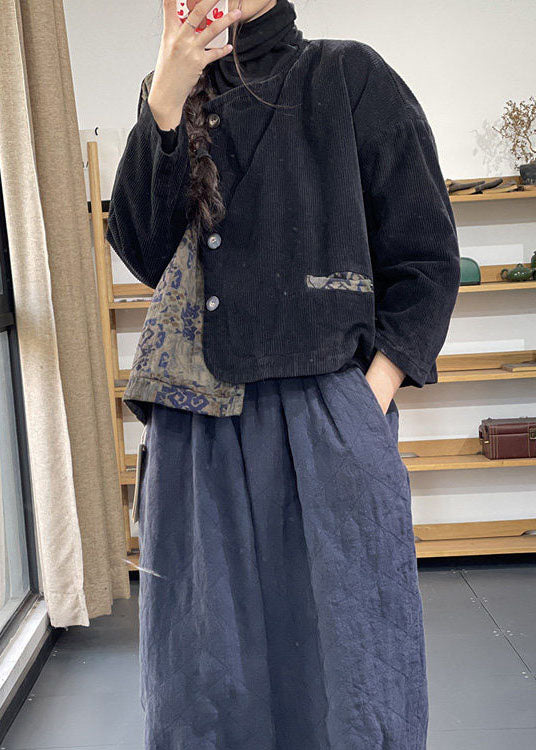 Women Black Asymmetrical Patchwork Corduroy Fine Cotton Filled Jacket Winter