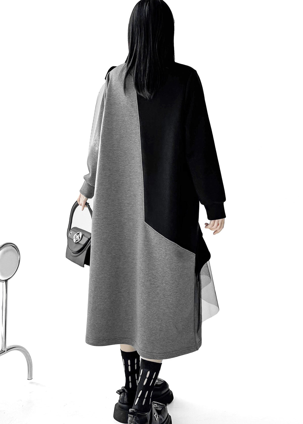 Women Black Asymmetrical Patchwork Cotton Long Dress Fall