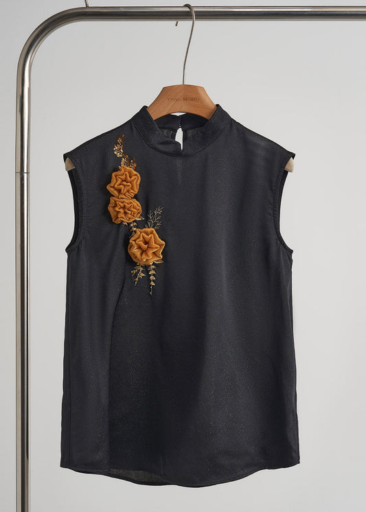 Women Black Embroidered Floral Decorated Silk Vest Sleeveless