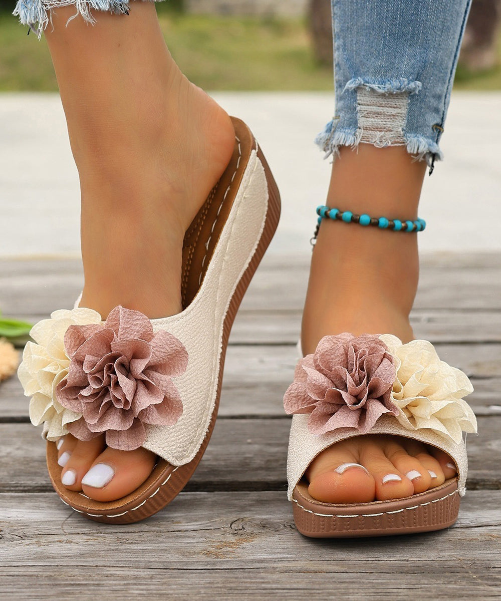 Women Black Floral Splicing Wedge Slide Sandals Peep Toe