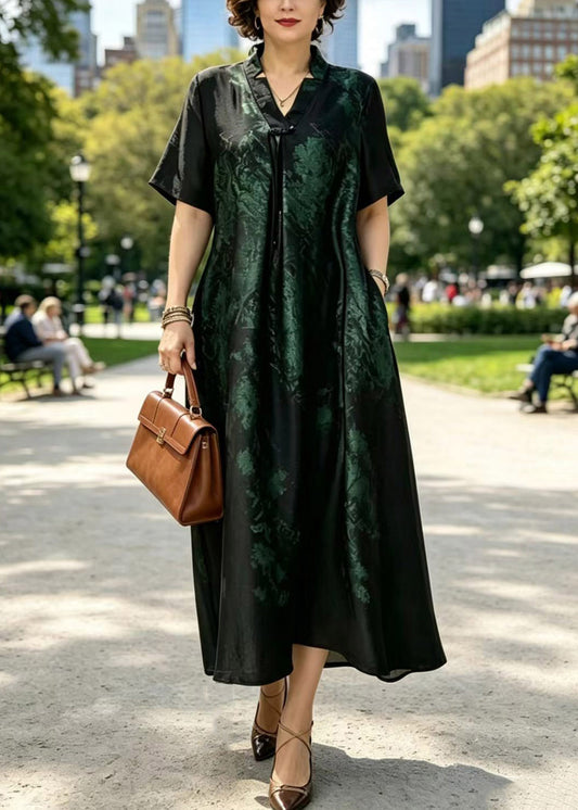 Women Black Gold V Neck Wrinkled Patchwork Silk Long Dresses Summer