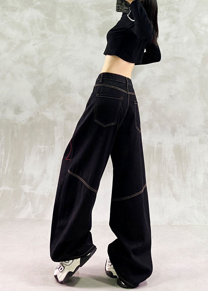 Women Black High Waist Contrast Stitching Denim Wide Leg Pants Fall