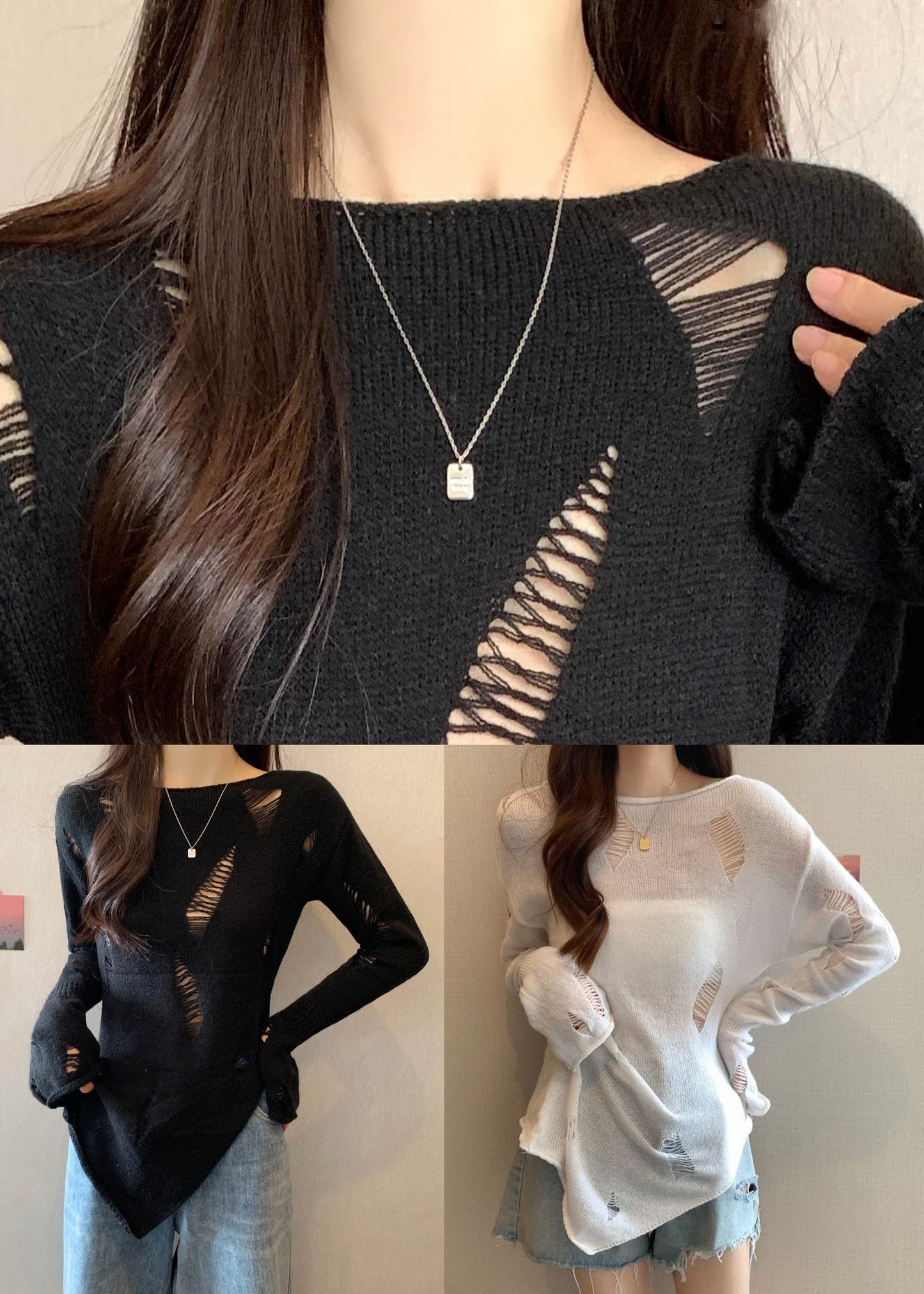 Women Black Hollow Out Thin Knit Sweater Spring