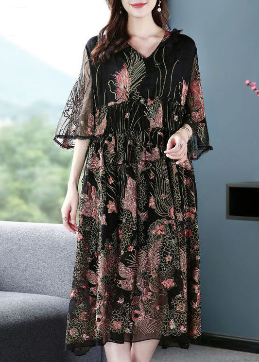 Women Black Hooded Embroideried Silk A Line Dress Summer