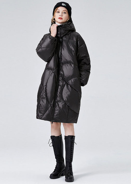 Women Black Hooded Zippered Duck Down Puffers Jackets Winter