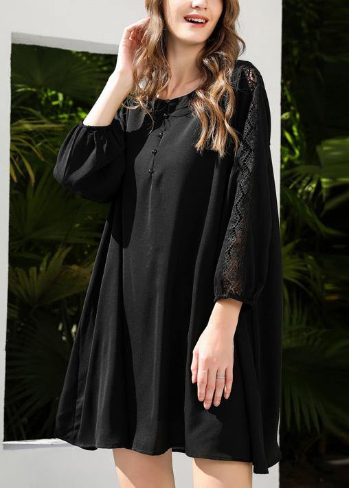 Women Black Lace Chiffon Button SummerDresses - SooLinen