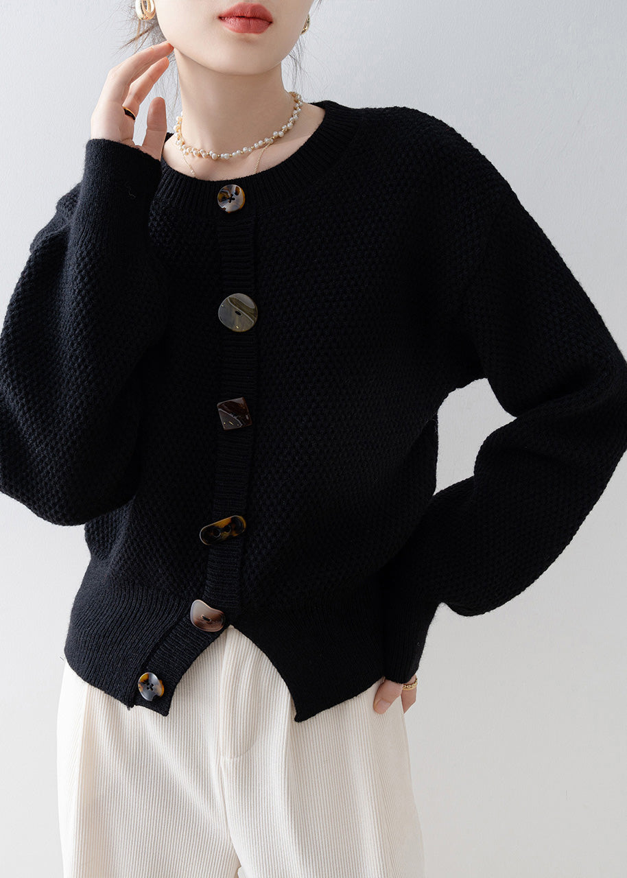 Women Black O-Neck Cozy Knit Cardigan Winter