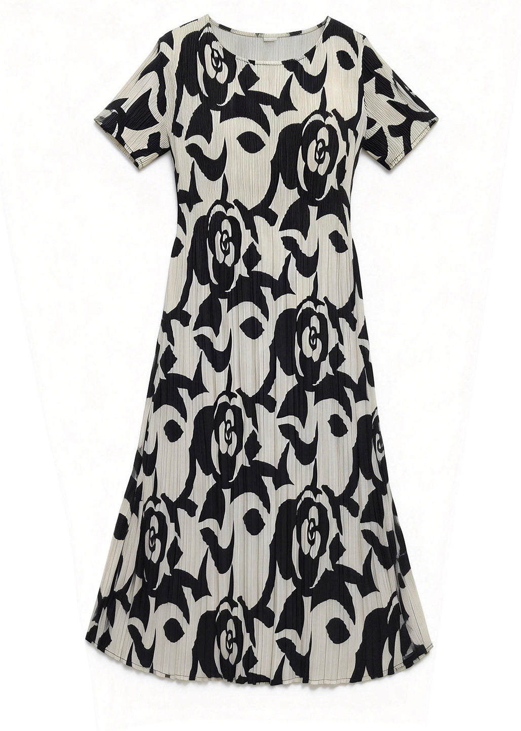 Women Black O Neck Print Wrinkled Loose Dress Summer