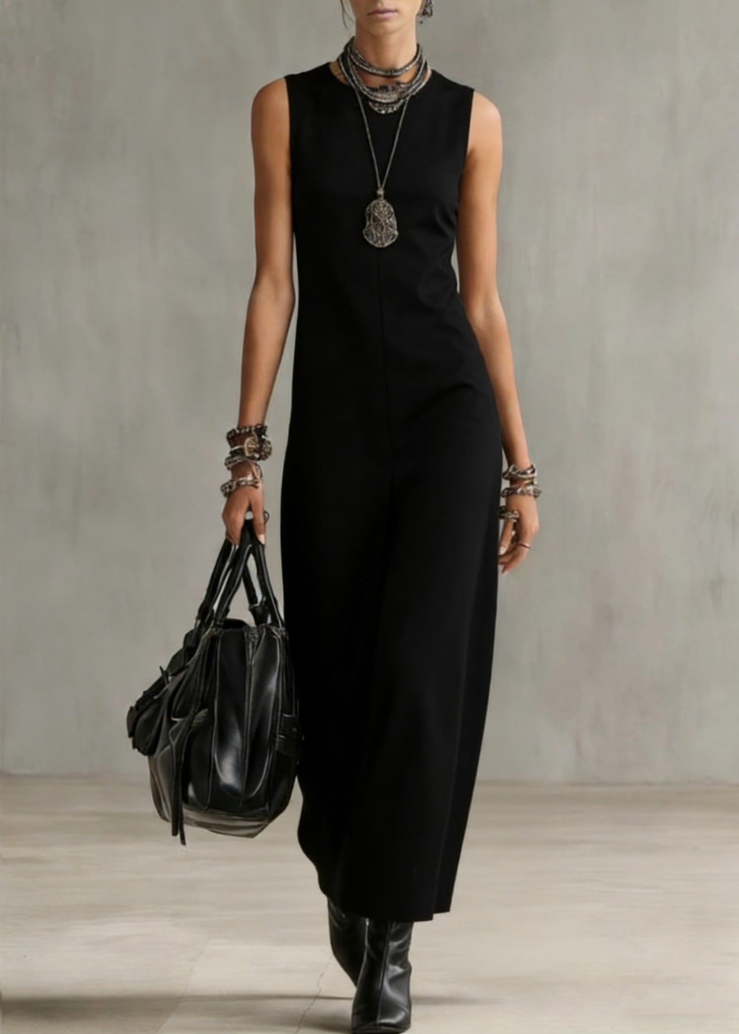 Women Black O Neck Solid Cotton Long Dress Sleeveless