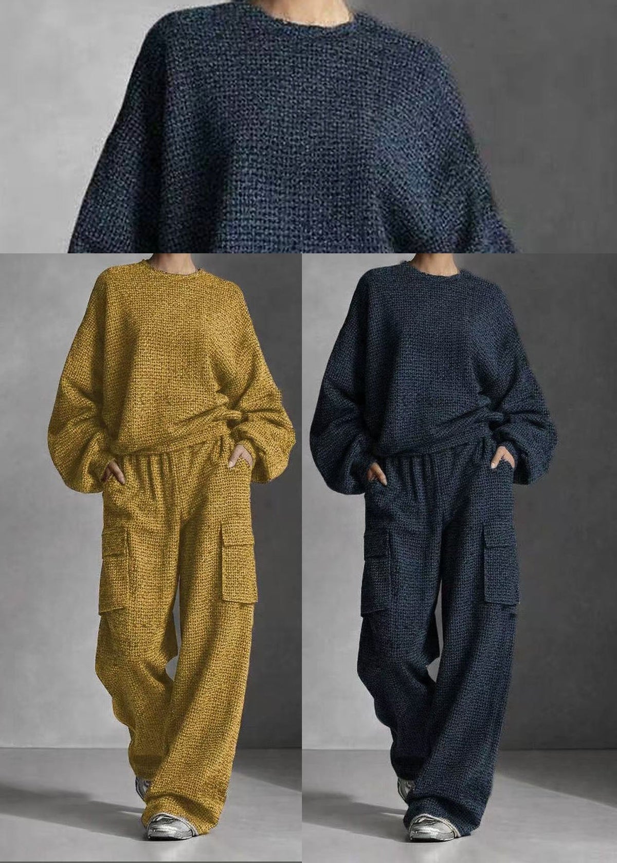 Women Black Oversized Pockets Cotton Two Pieces Set Fall