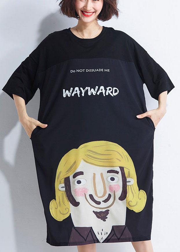 Women Black Patchwork Character Summer Maxi Dresses Half Sleeve - SooLinen