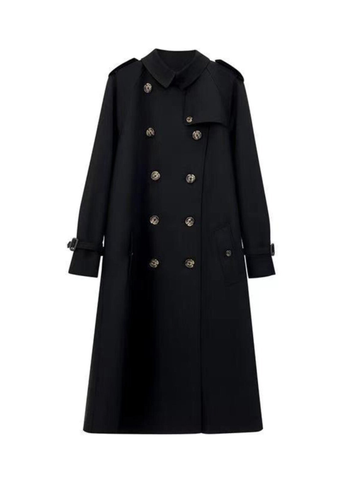 Women Black Peter Pan Collar Double Breast Cotton Trench Spring