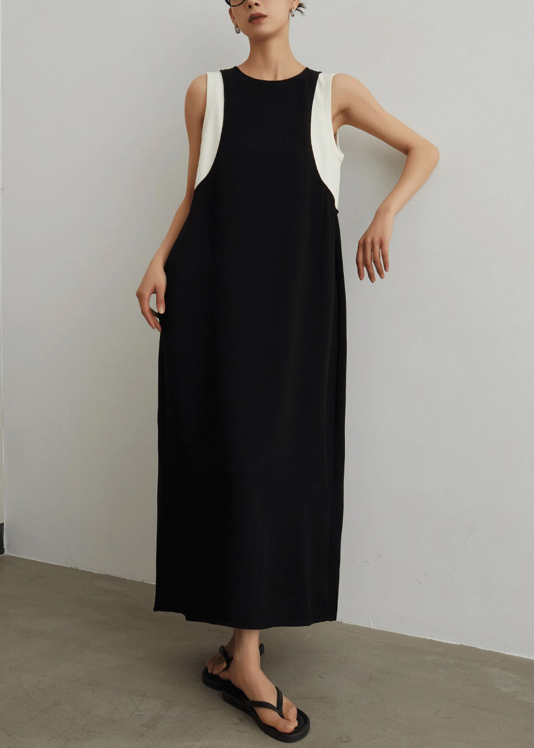 Women Black Pockets Patchwork False Two Pieces Cotton Long Dresses Sleeveless