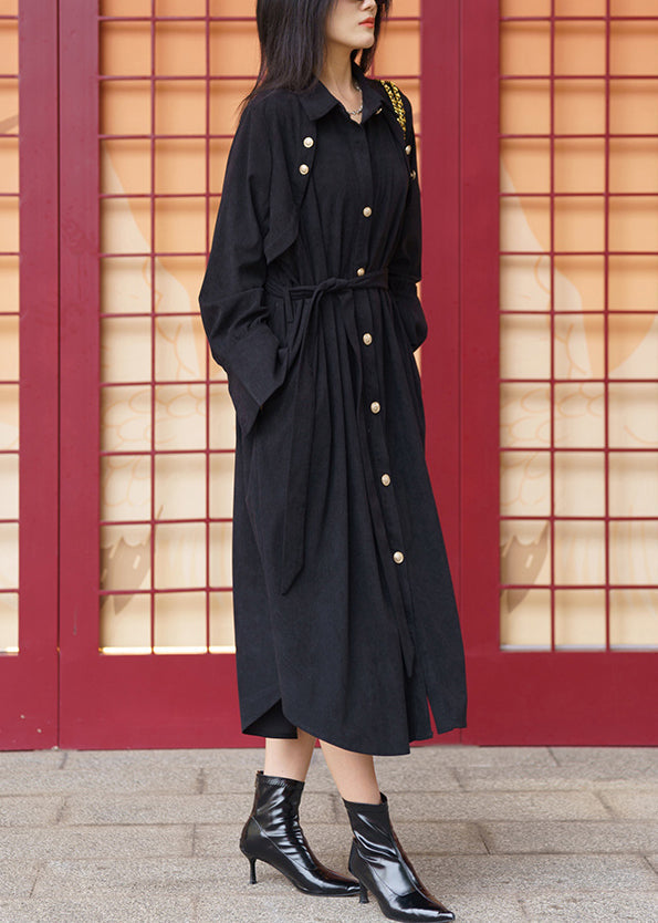 Women Black Pockets Tie Waist Cotton Shirt Dress Long Sleeve