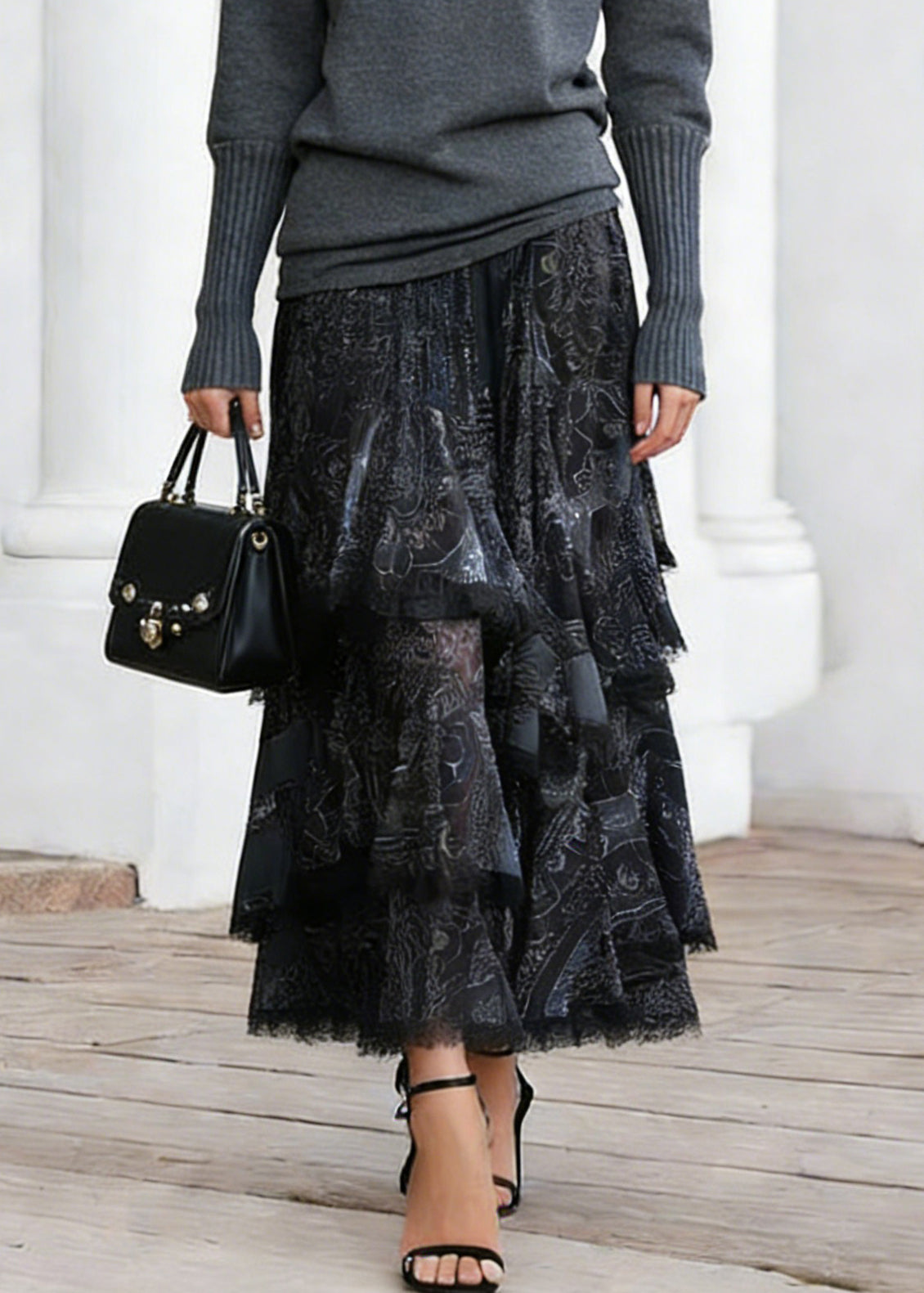 Women Black Print Elastic Waist Lace A Line Skirts